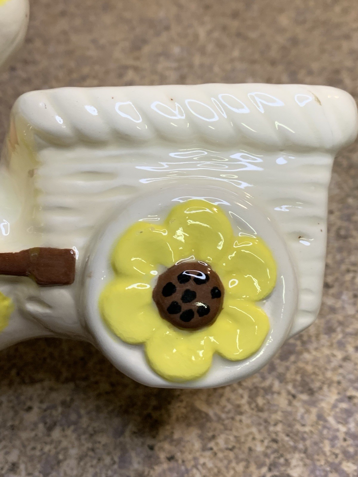 Vtg MCM Glazed Ceramic Duck Pulling Cart Planter - READ