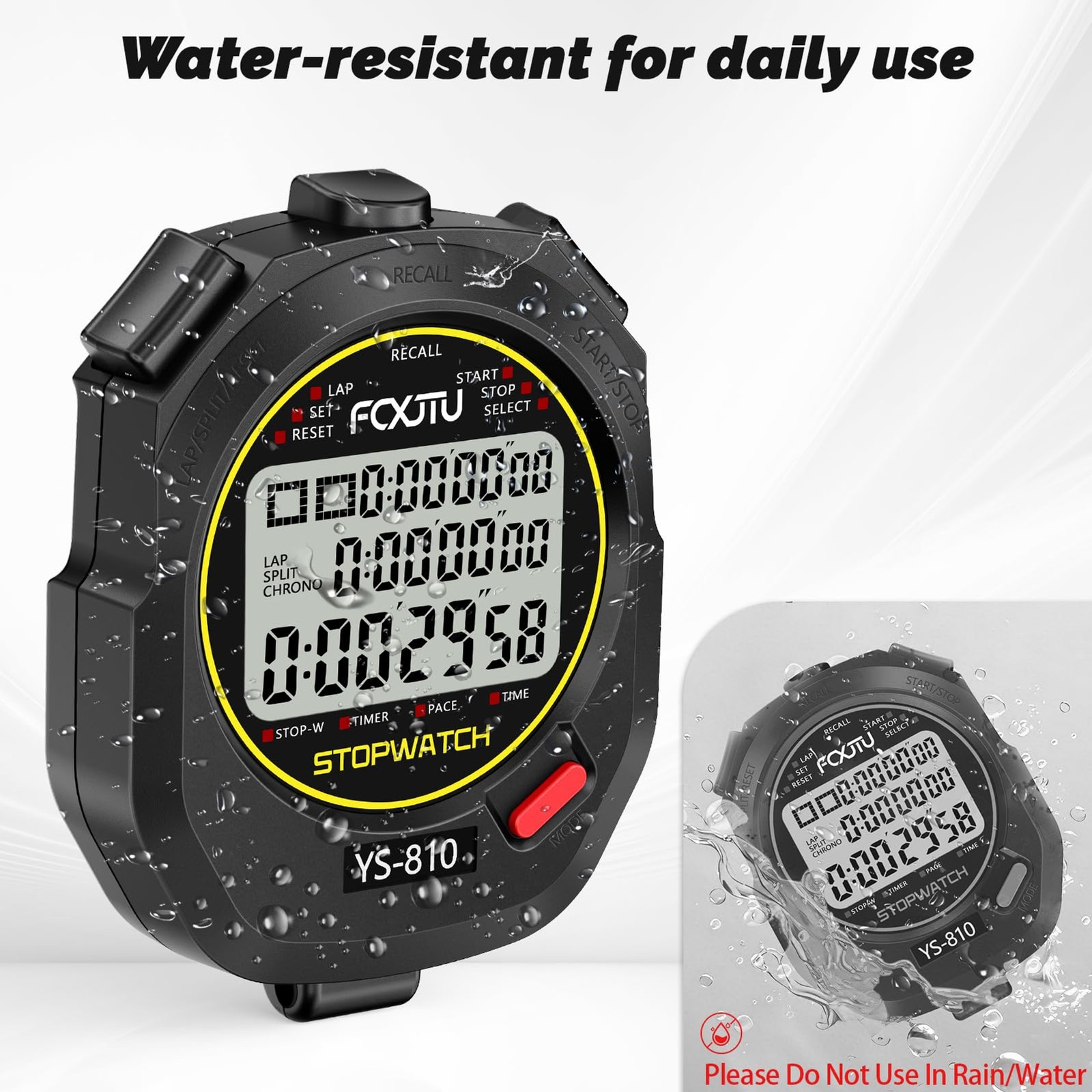 Professional Stopwatch Timer, 3-Row 10 Lap/Split Memory Count up/Down Timer, Ext