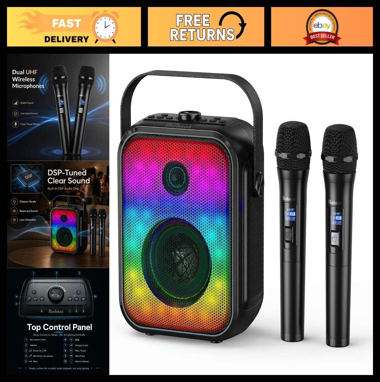 Portable Karaoke Machine with 2 Wireless Microphones, Bluetooth Speaker, LED, FM