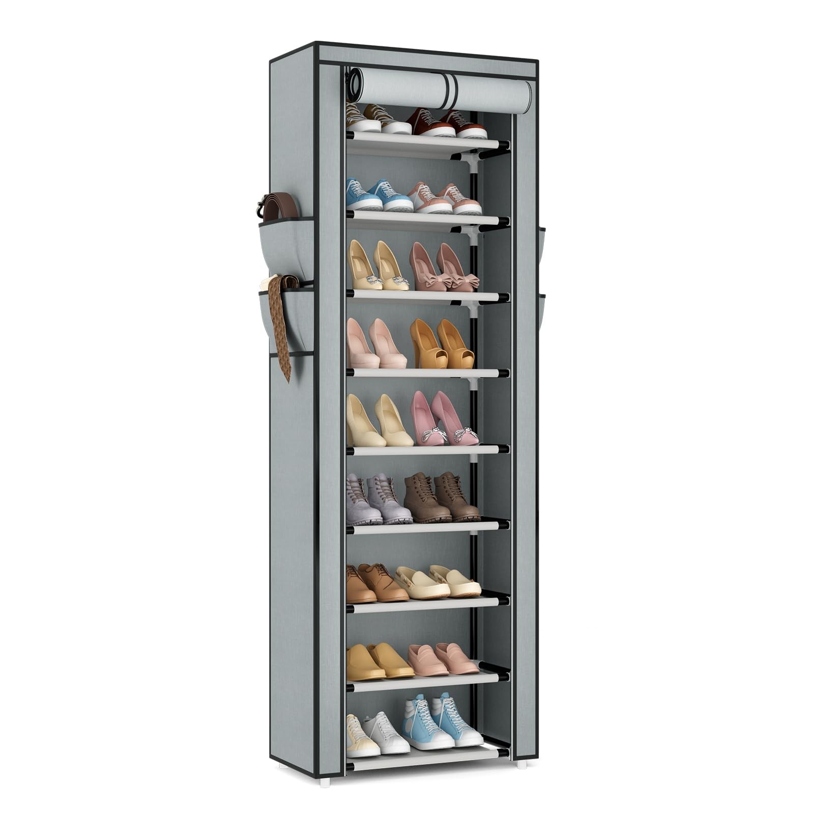 Shoe Rack with Cover Narrow Shoe Rack Organizer with 4 Side Pockets 10 Tier T...