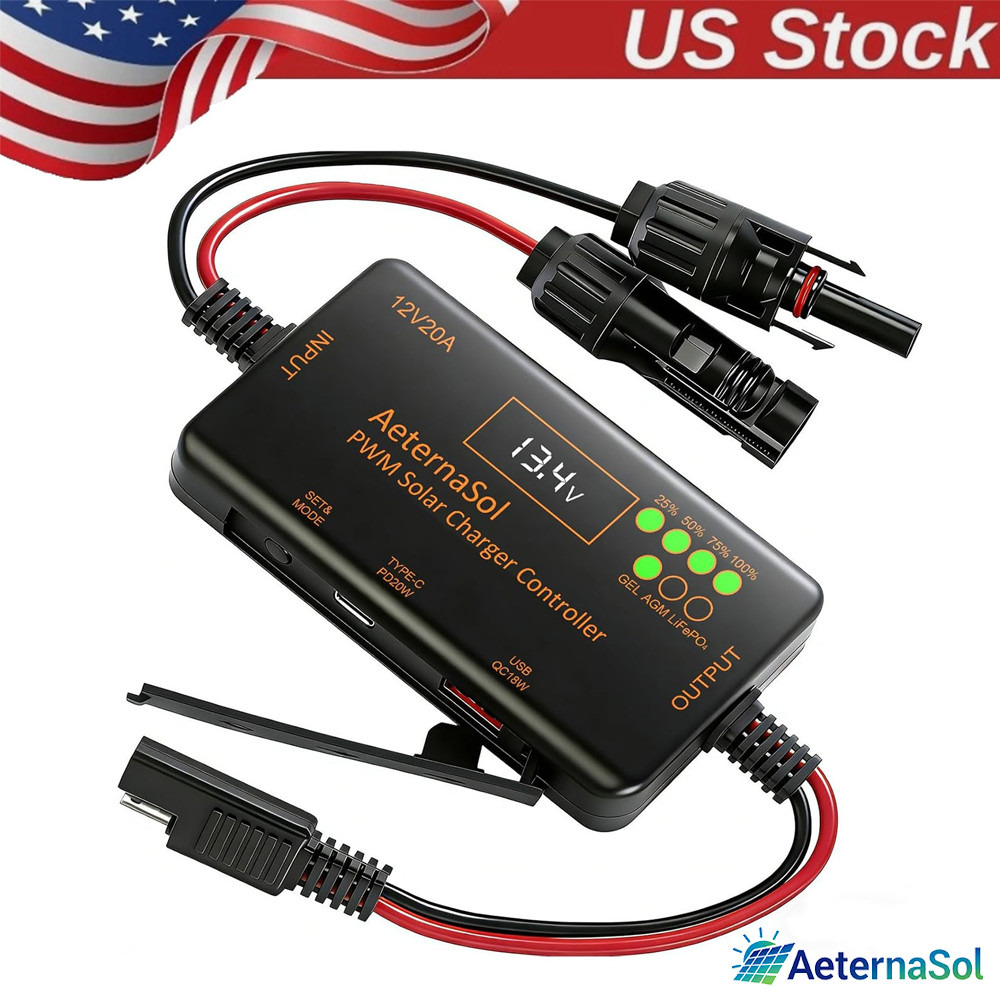 20A 12V PWM Solar Charge Controller LCD Display for RV Boat Off-Grid System  NEW