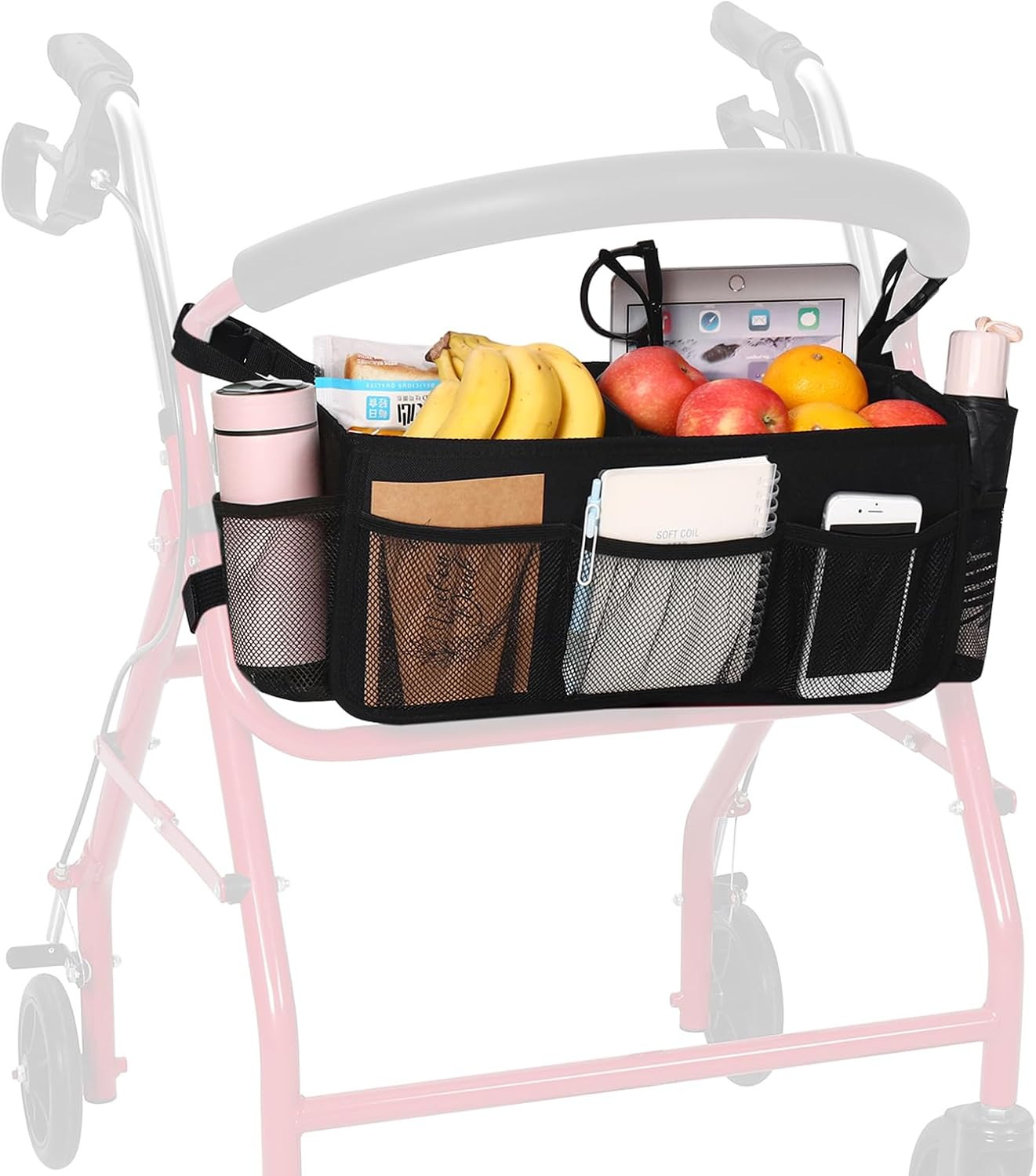 Upgraded Rollator Basket, Large Walker Accessories Bag with Multiple Pockets, Ro