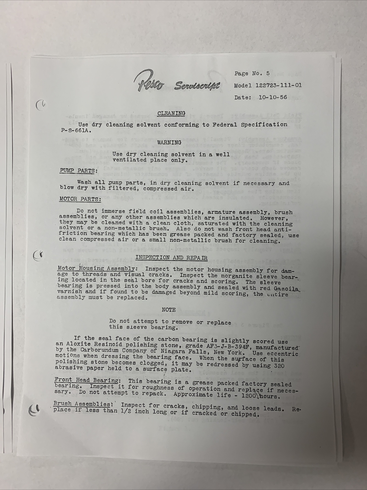 Pesco Servicescript Model 122723-111-01 Dated 10-10-56 - Copy