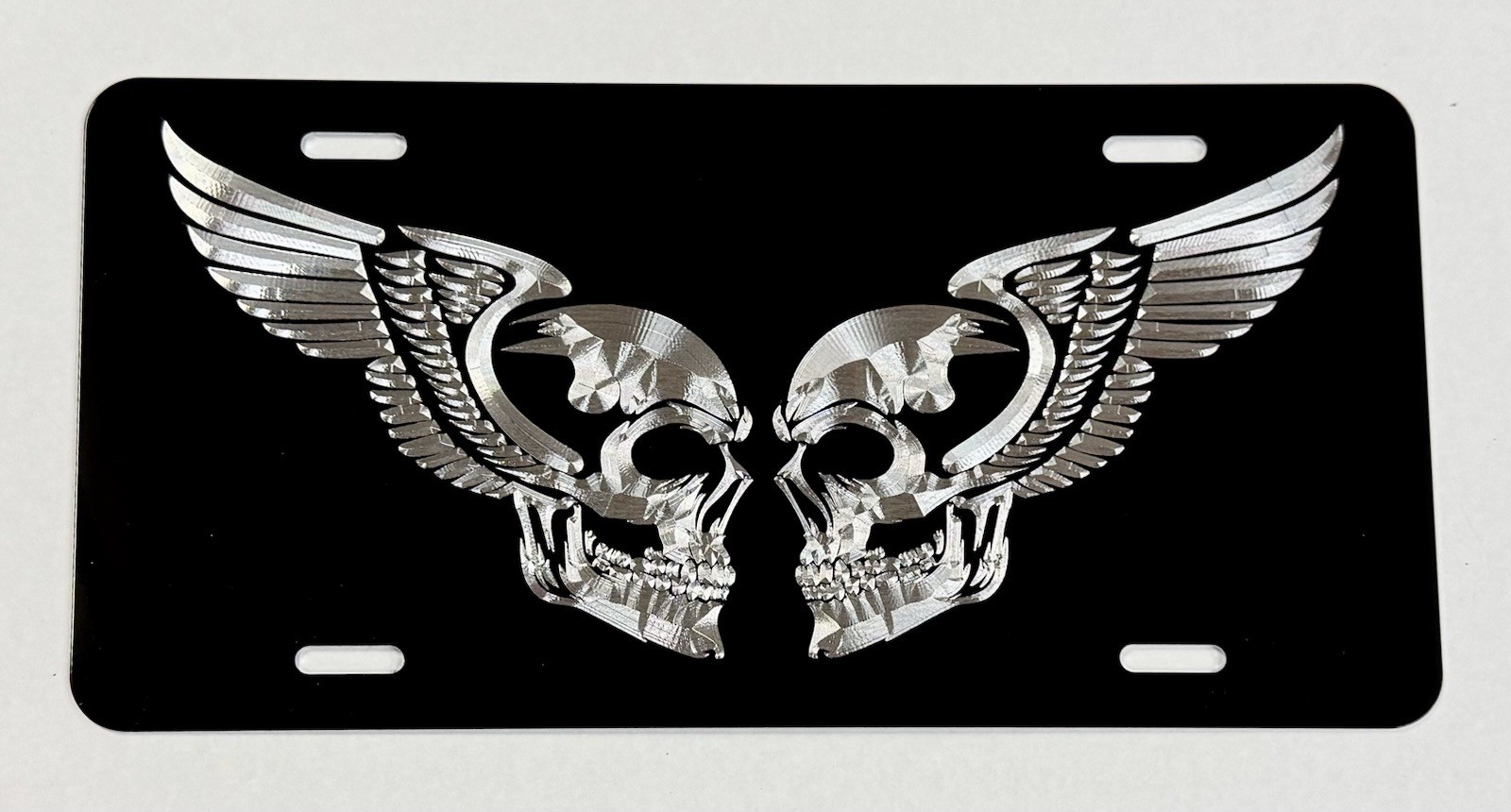 Double Skull Wings Car Tag Diamond Etched Engraved Black Front License Plate