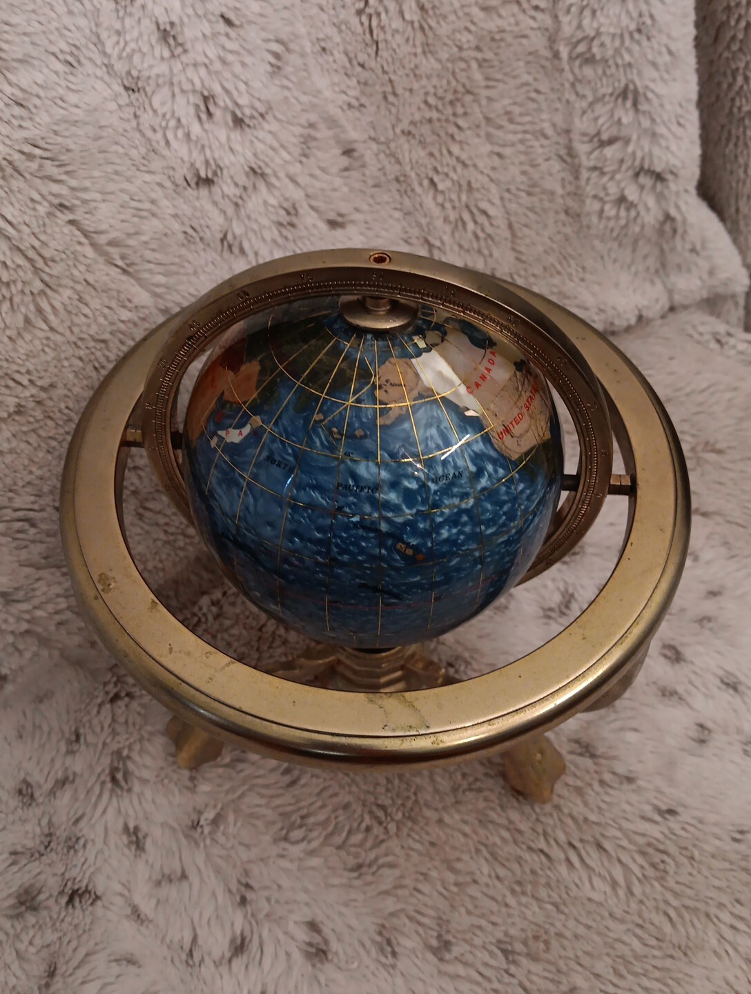 Gemstone Inlay Tabletop World Globe With Brass Frame & Compass 9" Tall
