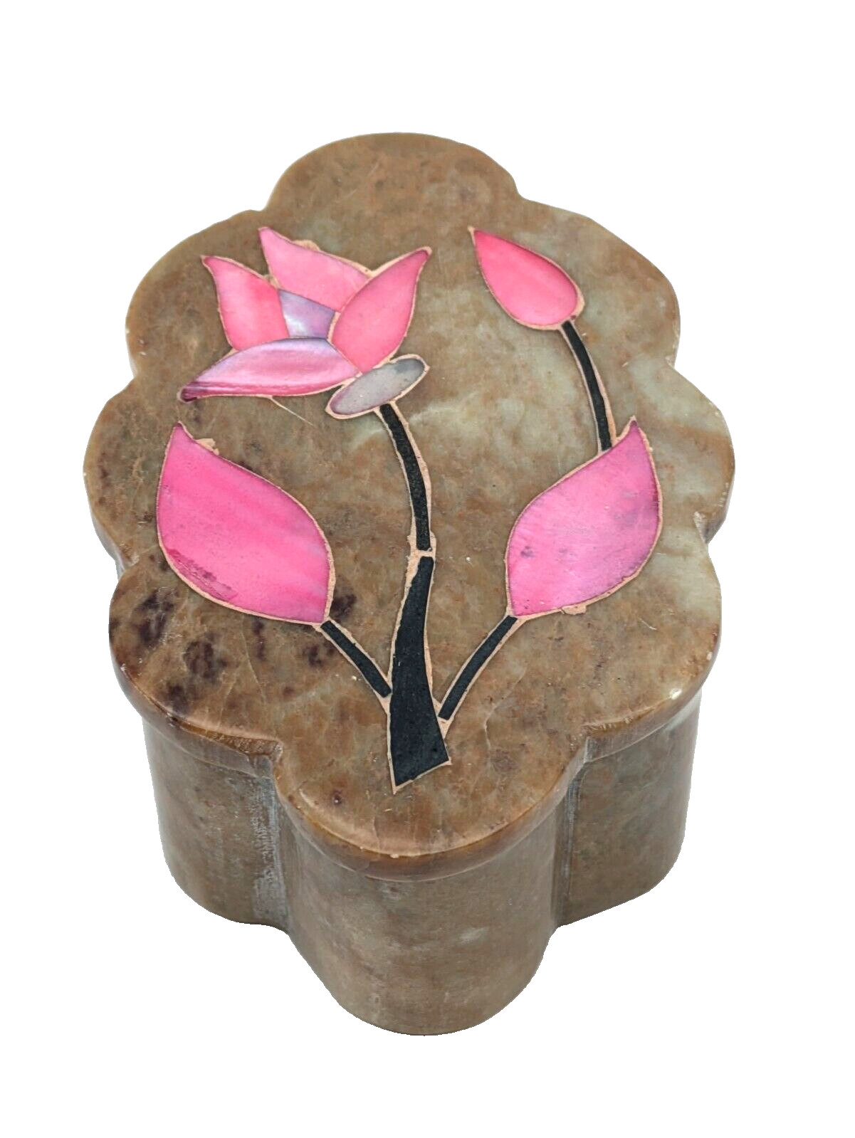 Hand Crafted Soapstone Trinket Box With Mother Of Pearl Floral Inlay India