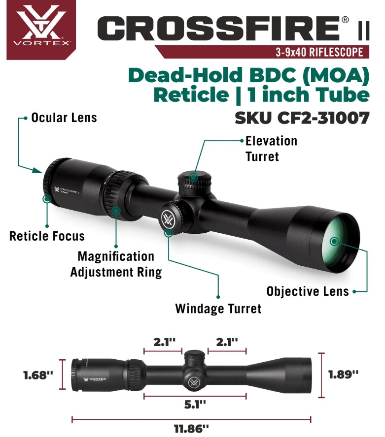 Vortex Crossfire II 3-9x40 Scope Dead-Hold BDC MOA Reticle CF2-31007