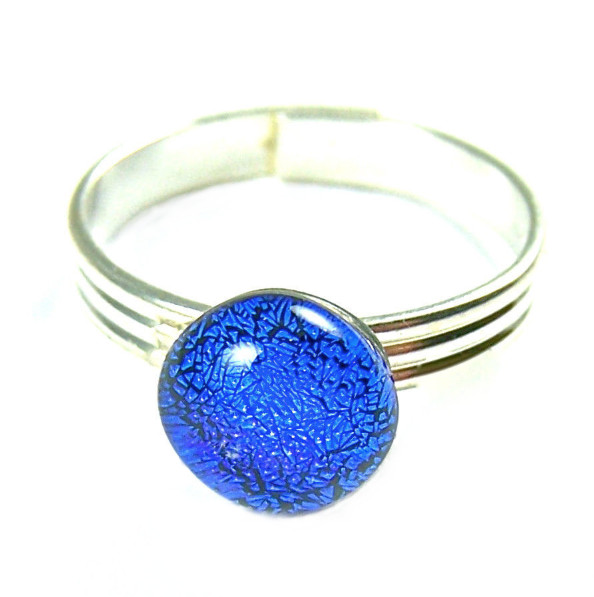 Dichroic Glass Ring Adjustable Royal Blue Cyan 1/4" 8mm Dichroic Metallic Silver