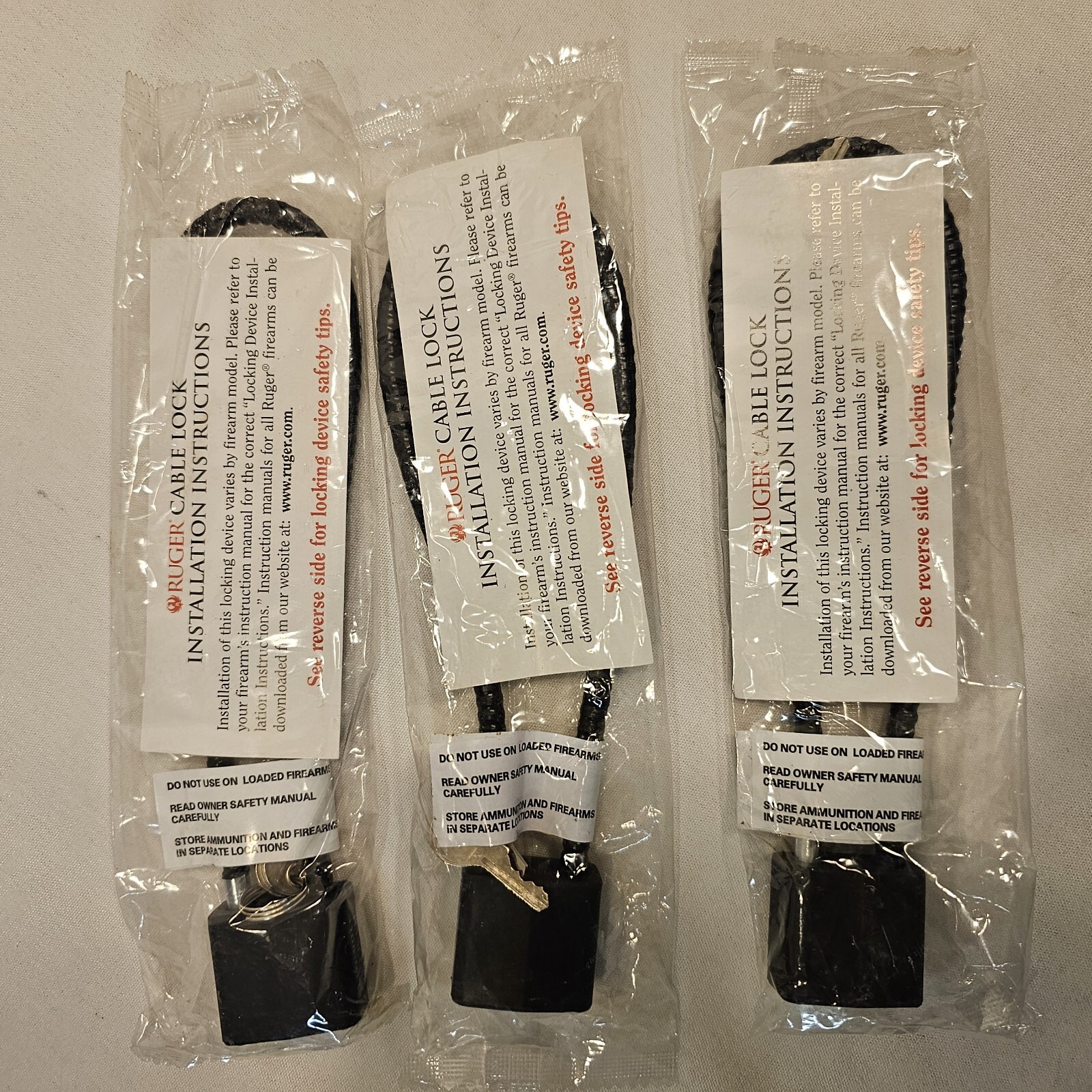 3 Pk Ruger Gun Cable Locks 14" w/ 2 Keys & Instructions for Sig Glock Smith Colt
