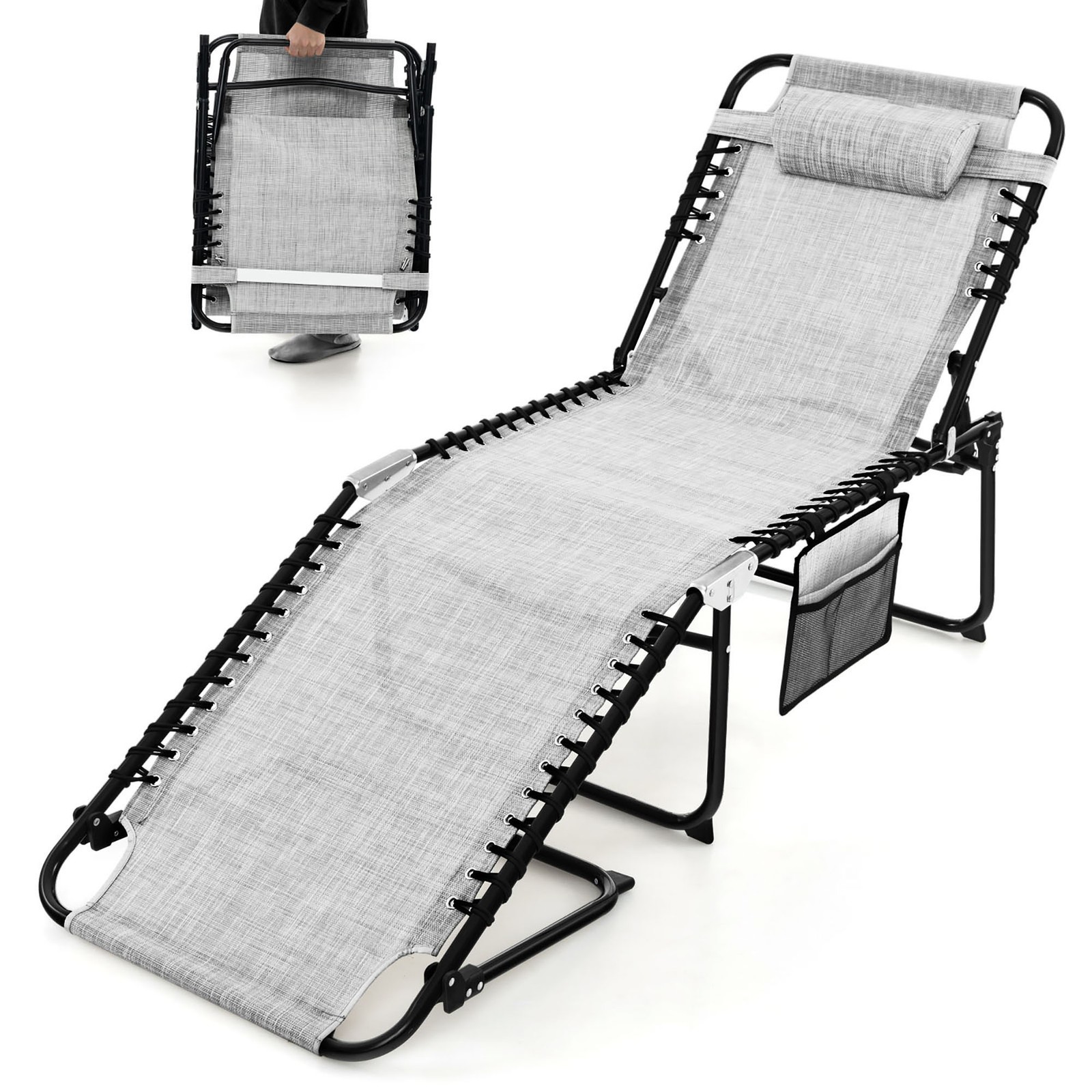 Folding Beach Lounger Chaise Lounge Chair w/ Pillow 4-Level Backrest Grey