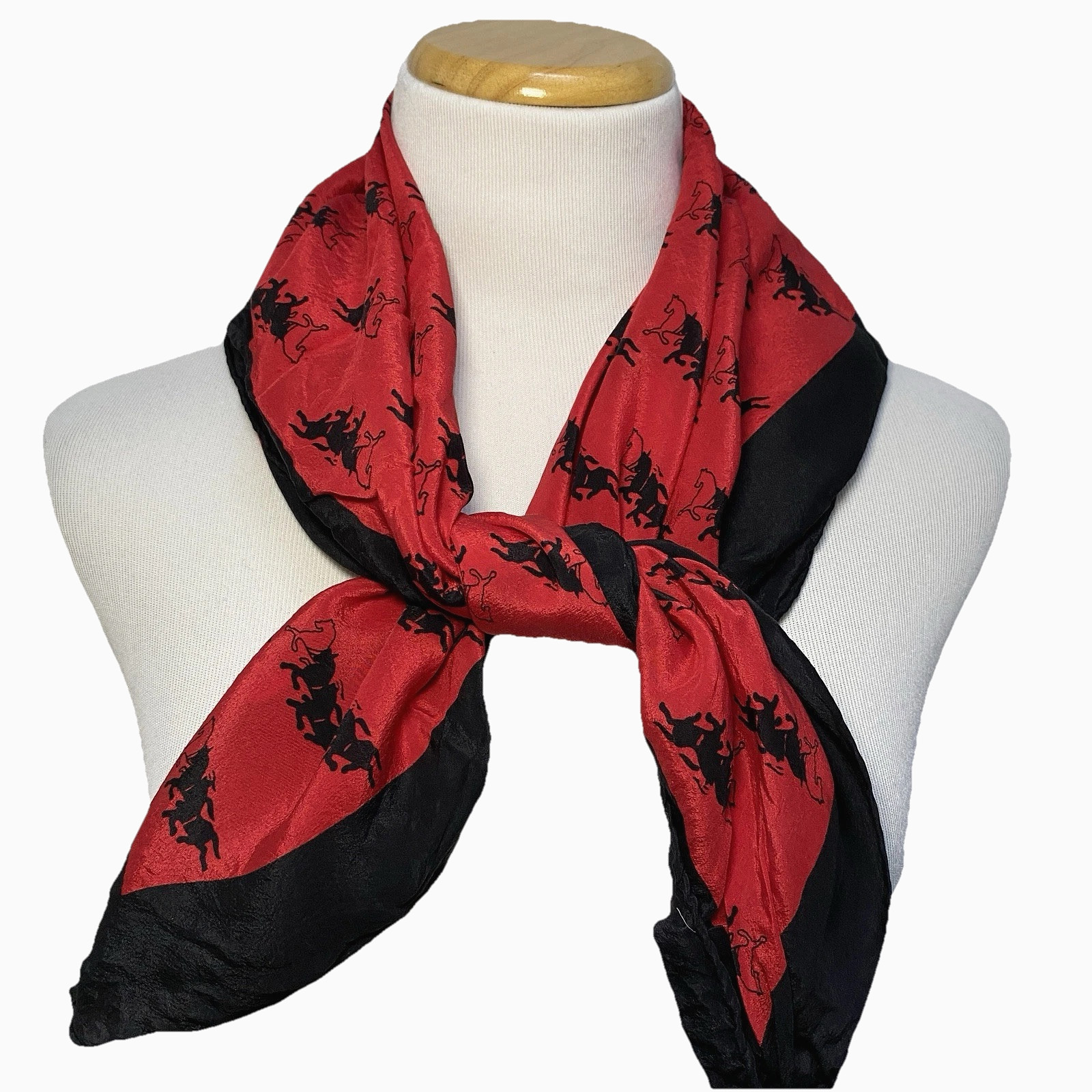 Vtg Silk Scarf Artsy Chic Equestrian Western Triple Horse Wrap Red Black Neck