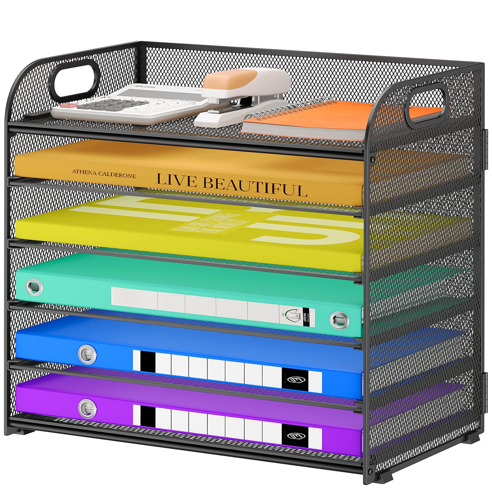 Cawukege 6 Tier Paper Organizer, Black Letter Tray with Handle, Mesh Desk Org