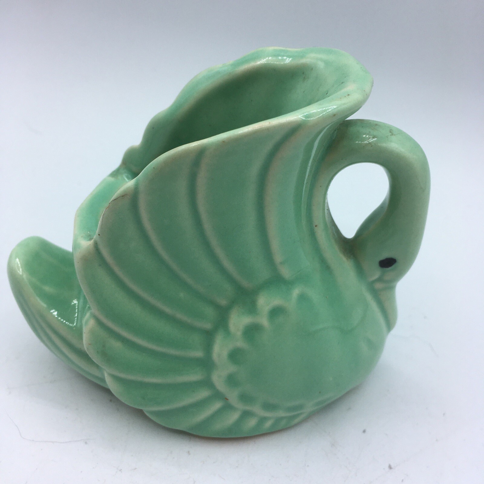 vtg mcm art deco Celadon Green swan Art Pottery planter 4”