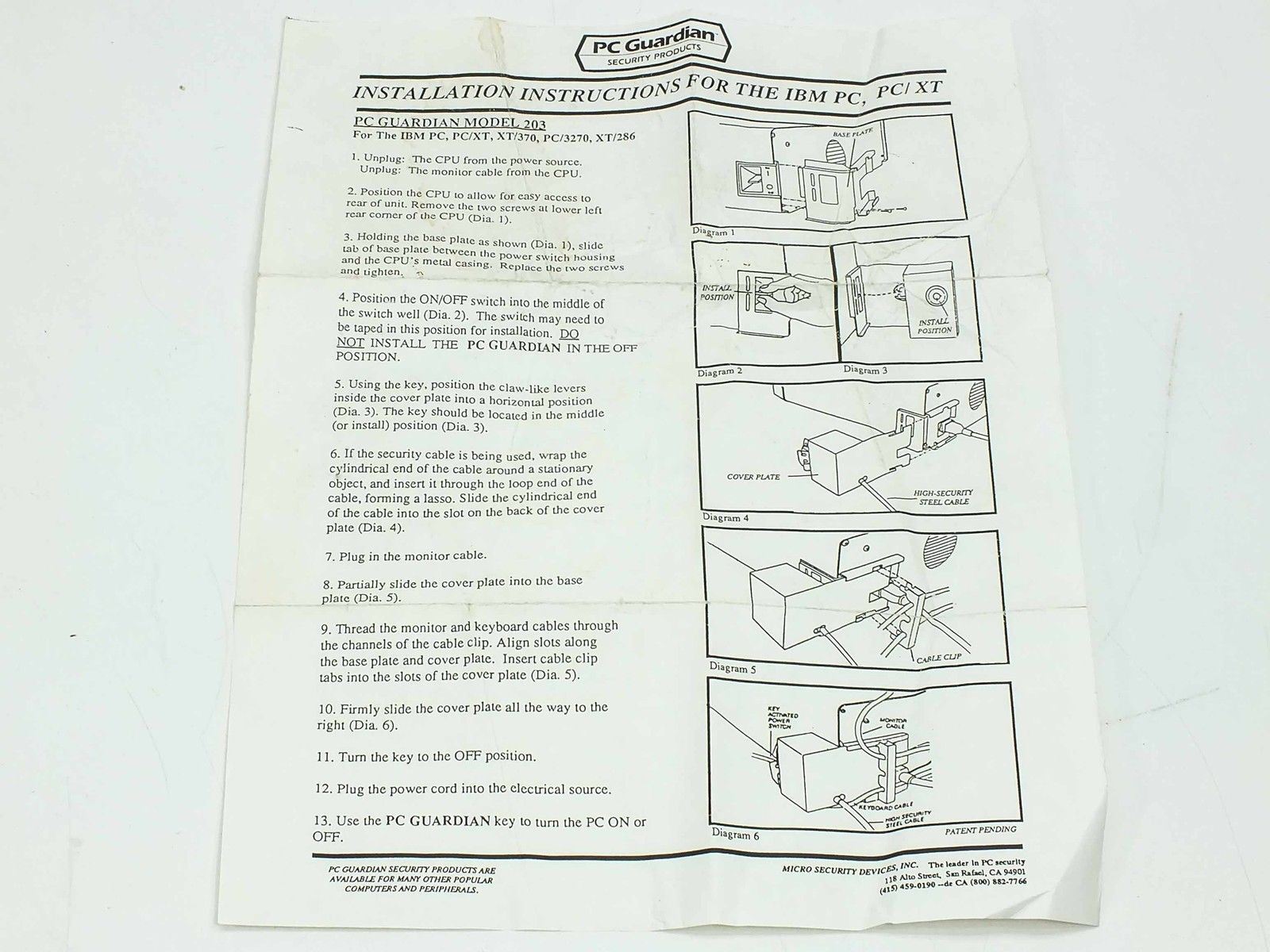 Micro Security Devices Model 203 PC Guardian for IBM PC, PC/XT, XT370, 3720, 286