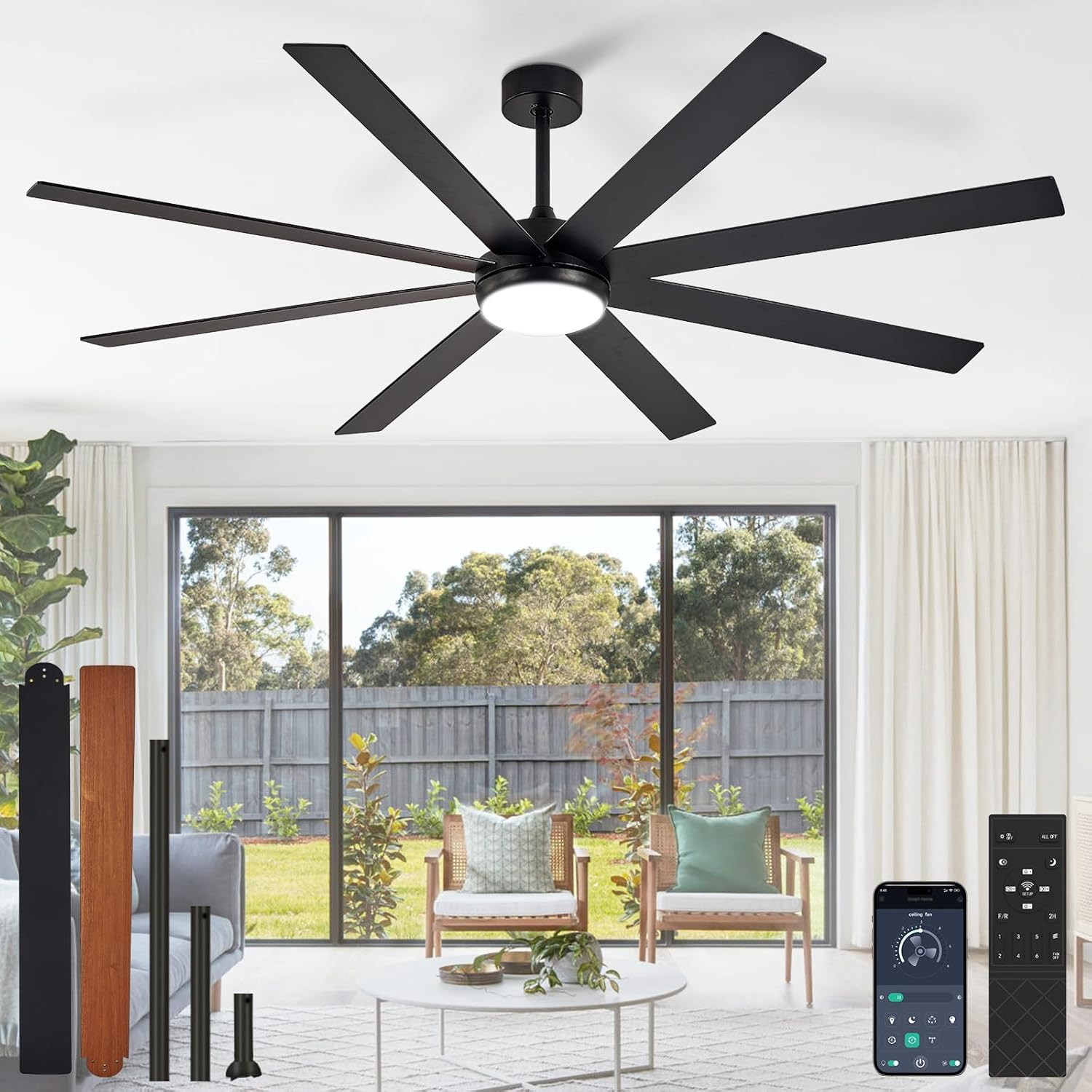 72" Black Ceiling Fan with Lights, Remote Control, 6 Speeds, Indoor/Outdoor