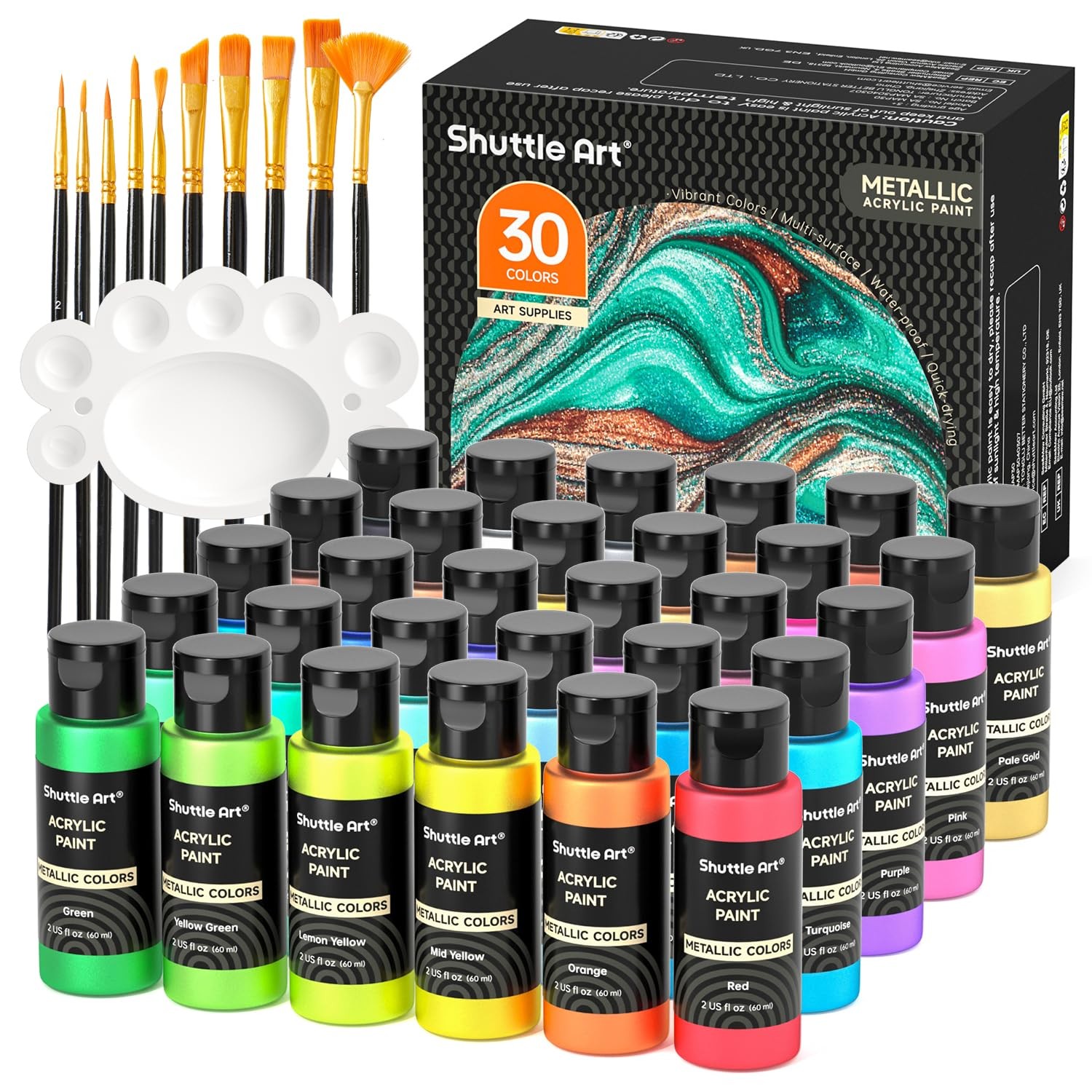 Shuttle Art 30 Colors Metallic Acrylic Paint, 2 Fl Oz (Pack of 30),