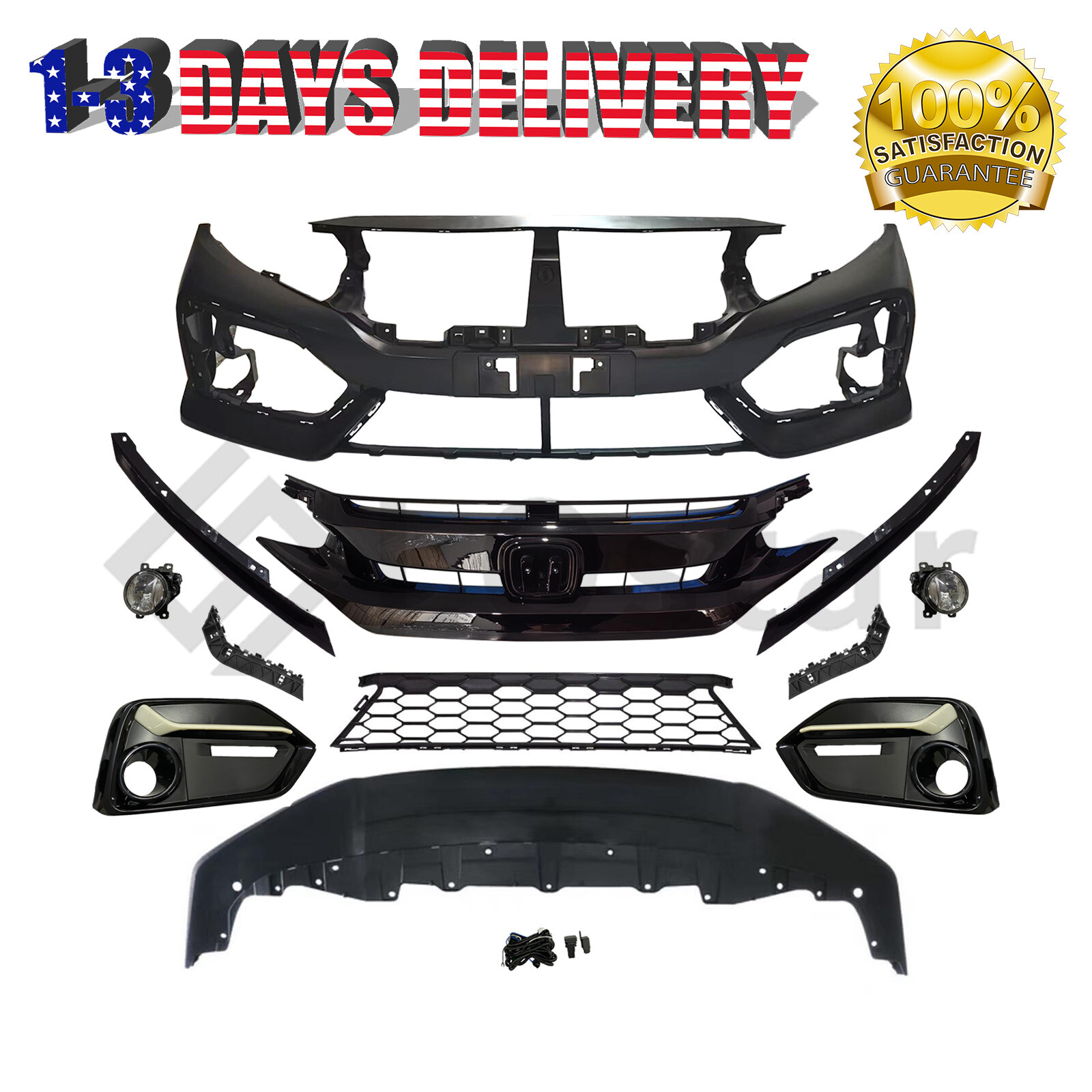 New Front Bumper Kit w/ Grille & Fog Light For 2020-2021 Honda Civic Hatchback