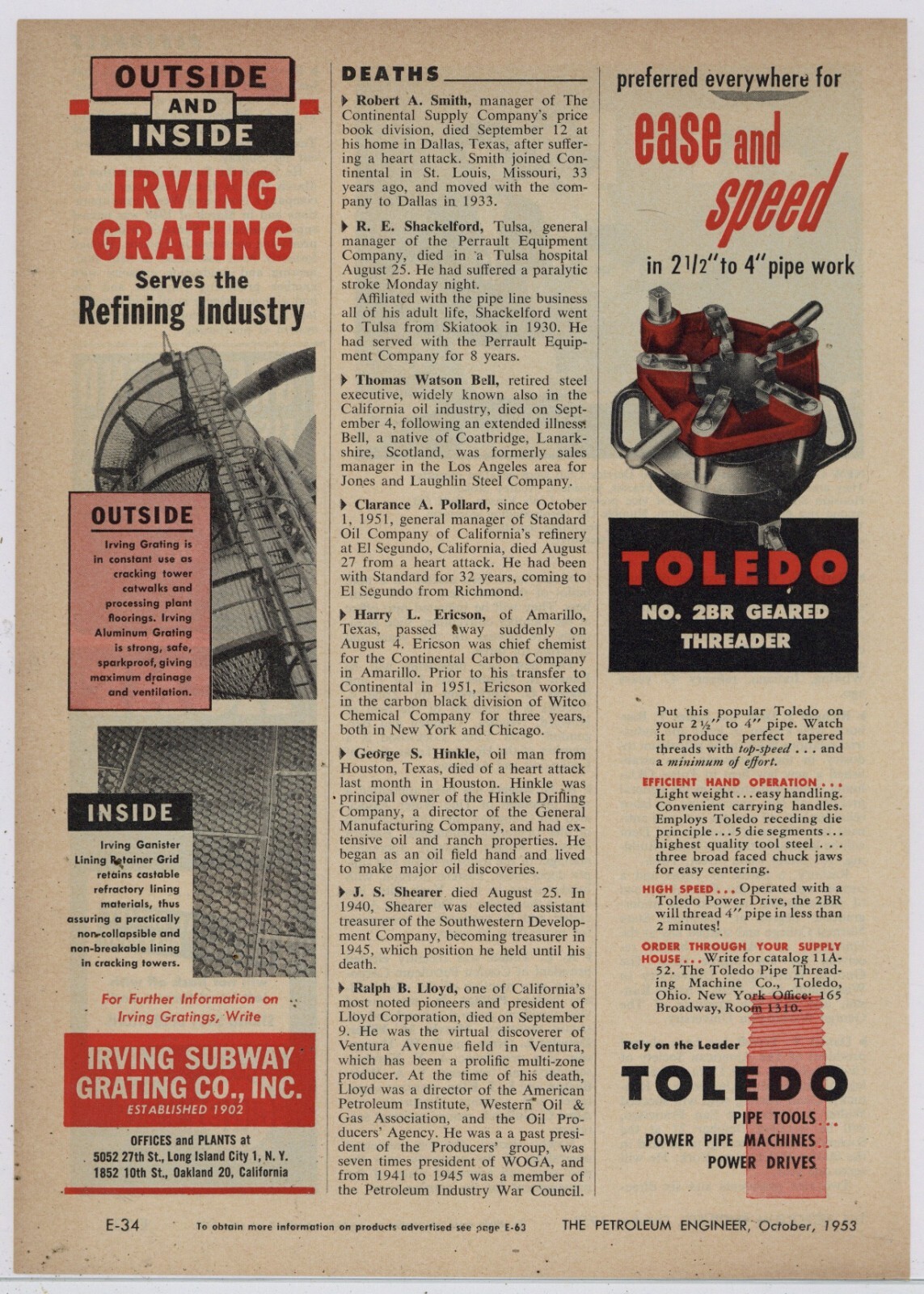 1953 Toledo Pipe Threading Co. Ad: No. 2BR Geared Threader - Toledo, OhiO