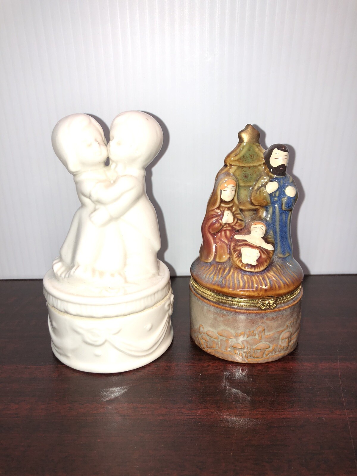 1- Nativity Trinket 1- boy and girl hugging Box Porcelain Ornament Hinged