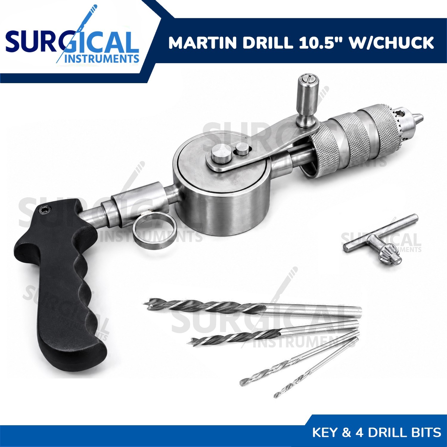MARTIN Hand Drill 10.5" with Jacobs Chuck, Key & 4 Drill Bits German Grade