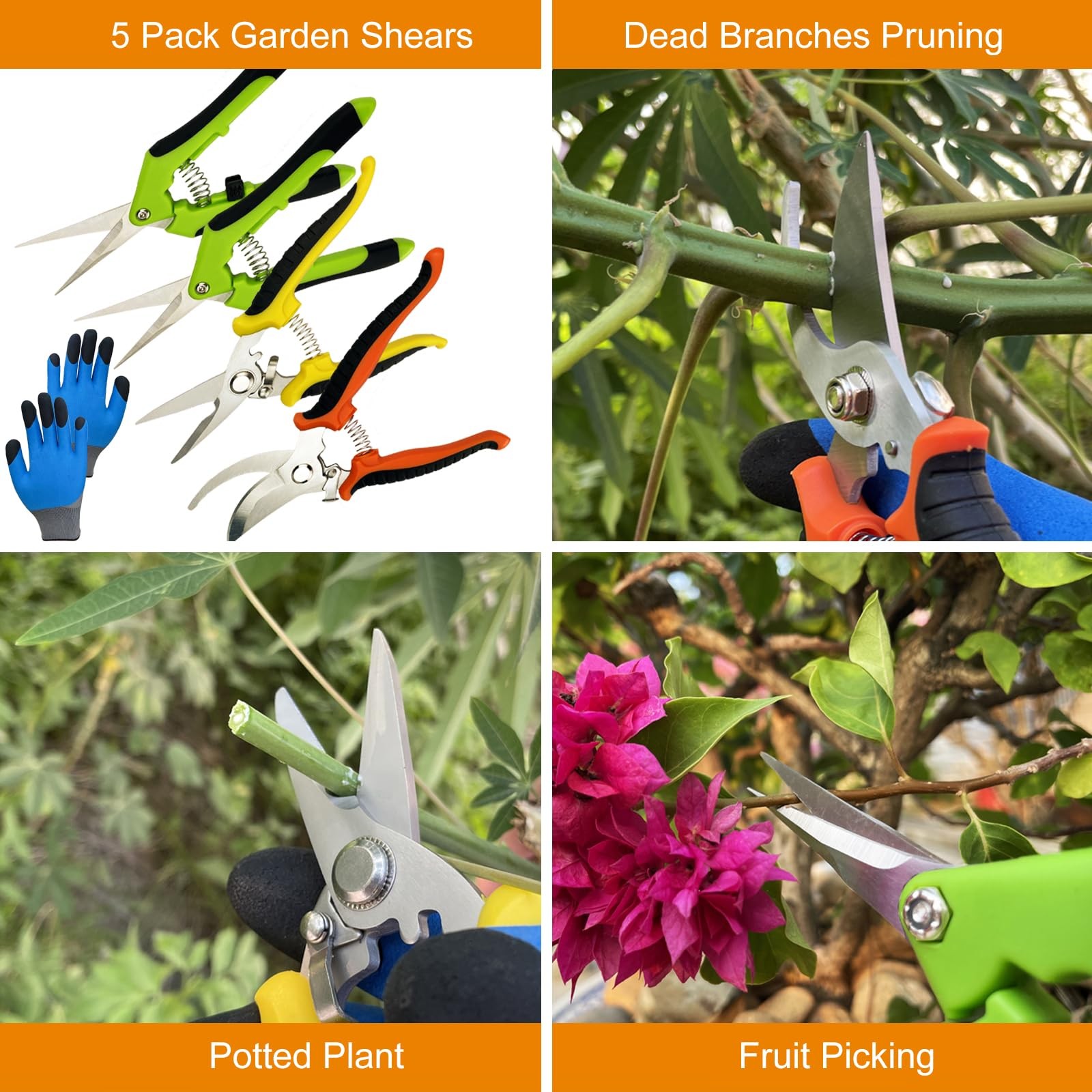 Pruning Shears, 5 Pack Garden Shears with Medium, Orange, Yellow, Green