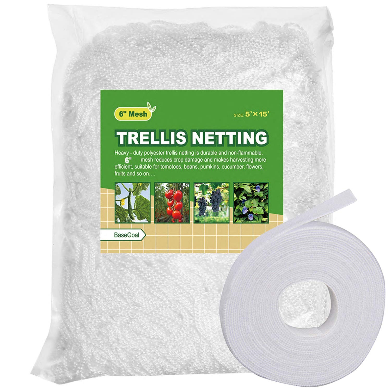 BaseGoal All-Weather Trellis Netting Mesh Plant 6" (5'X15'), White