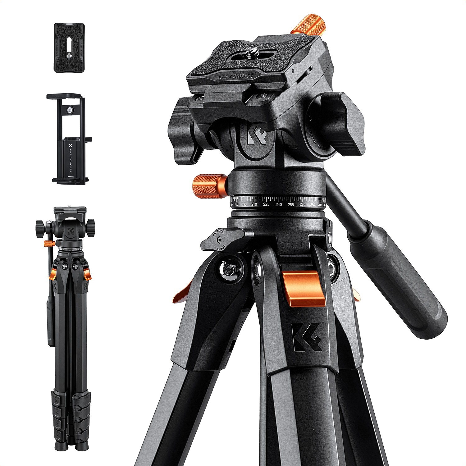 K&F Concept 63" Camera Tripod w/ Fluid Head Tripod Smooth Pan/Tilt for DSLR