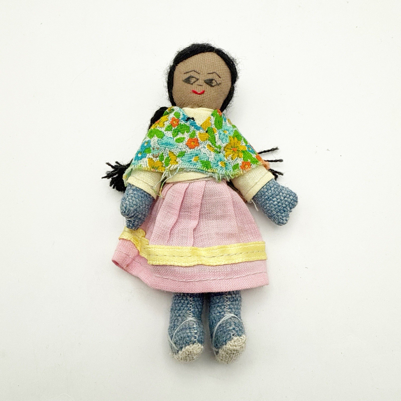 Vintage Peruvian Hand Made Folk Art Cloth Rag Doll 5” Tall