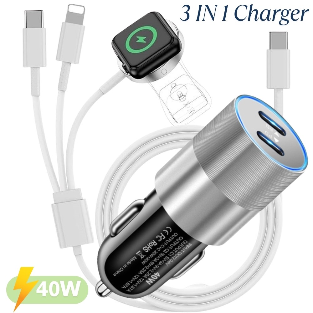 40W PD Fast Car Charger 3 IN 1 USB-C Cable For iPhone 17 16 15 14 13 12 8 iWatch
