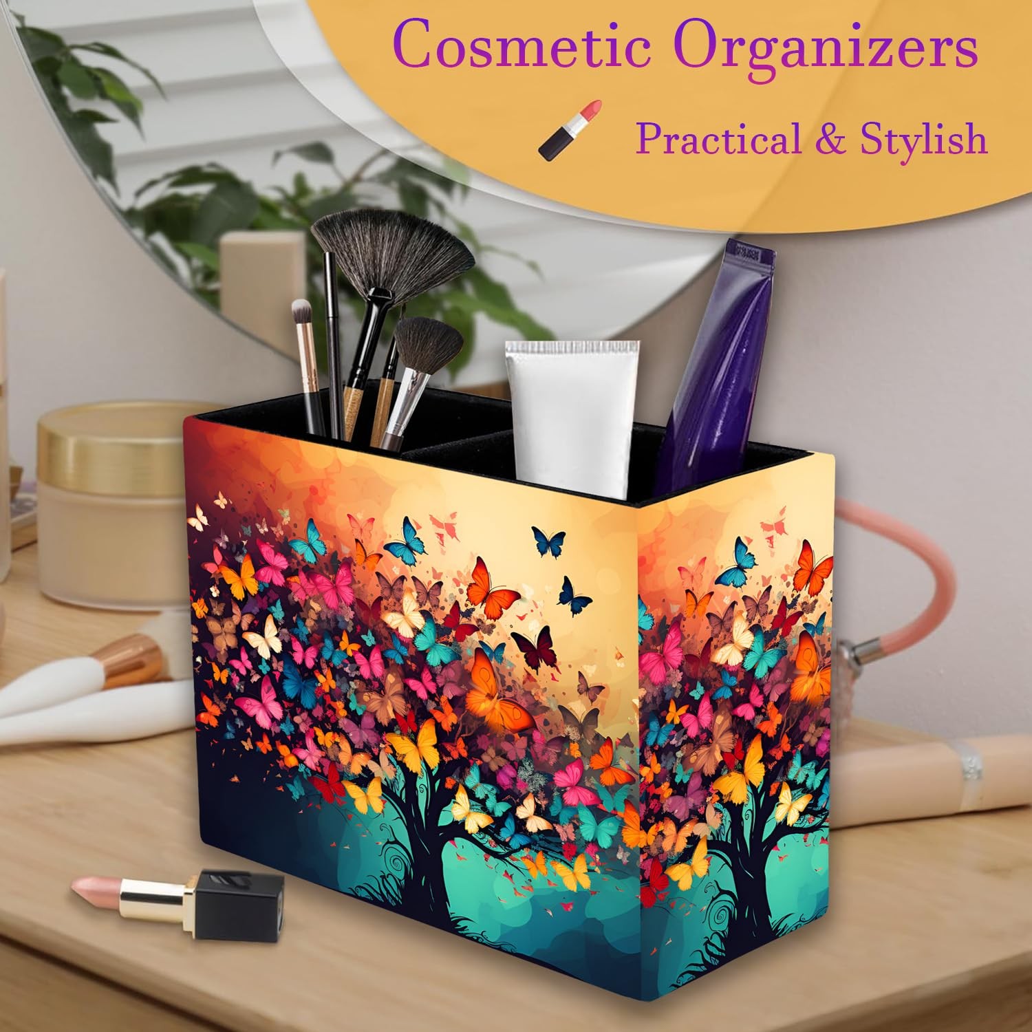 Pen Holder, 2 Compartment Leather Pen Storage Boxes, Makeup Brush Storage Box...