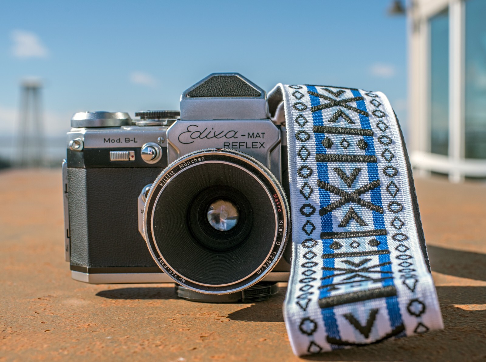 Stunning White, Blue, and Black Geometric Pattern Hippie-inspired Camera Strap