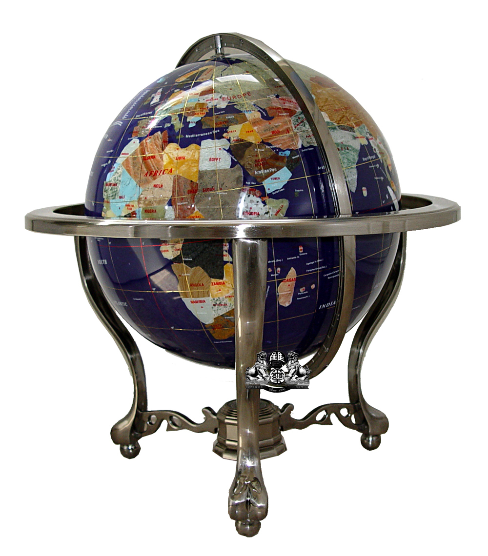 21" Tall Blue Lapis Ocean Silver Tripod Gemstone Globe with US 50 ST stones