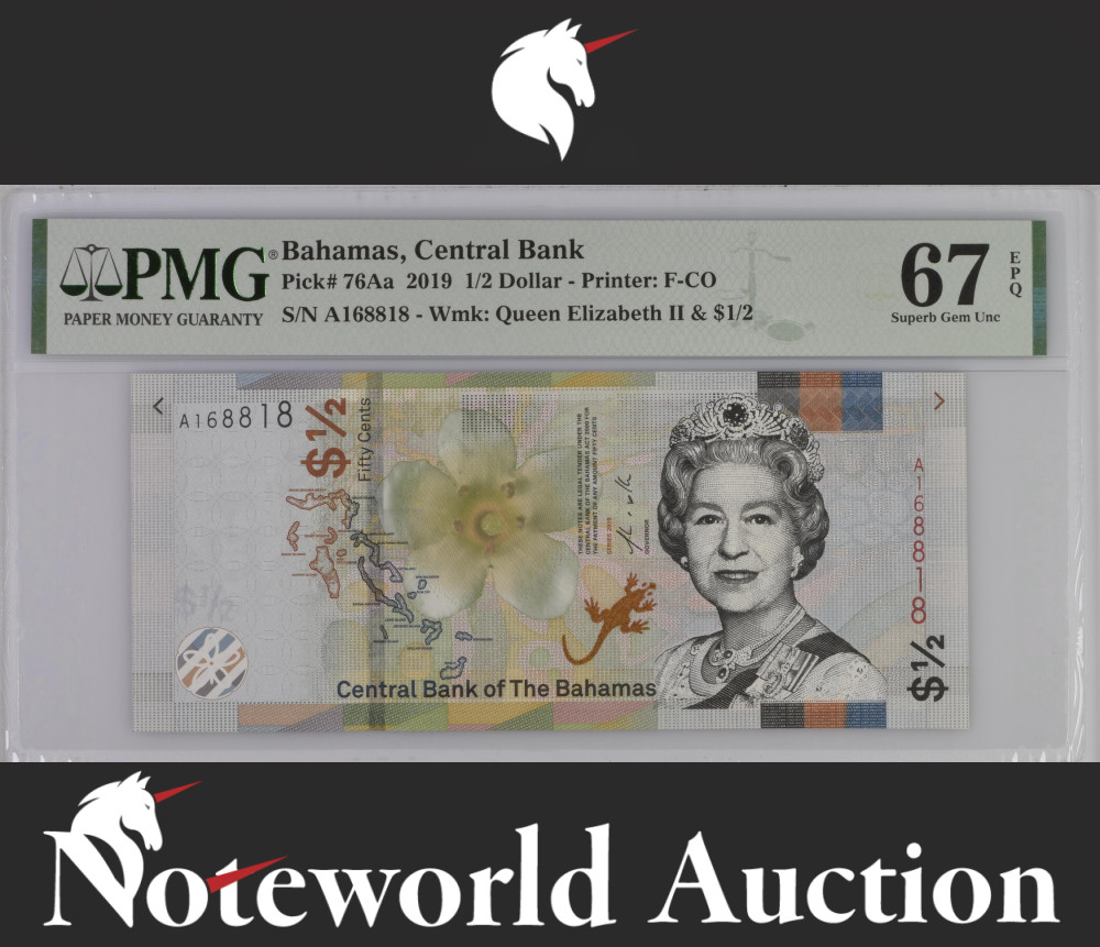 Bahamas Central Bank 1/2 Dollar 2019 P 76Aa Fancy No. 168818 UNC PMG 67 EPQ