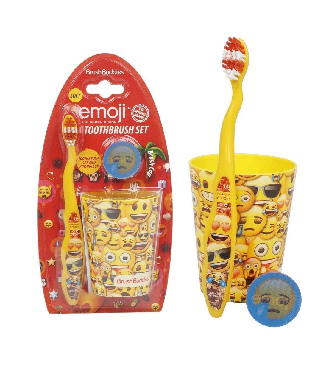 Brush Buddies Emoji 3pcs Toothbrush, Cap & Rinsing Cup Set