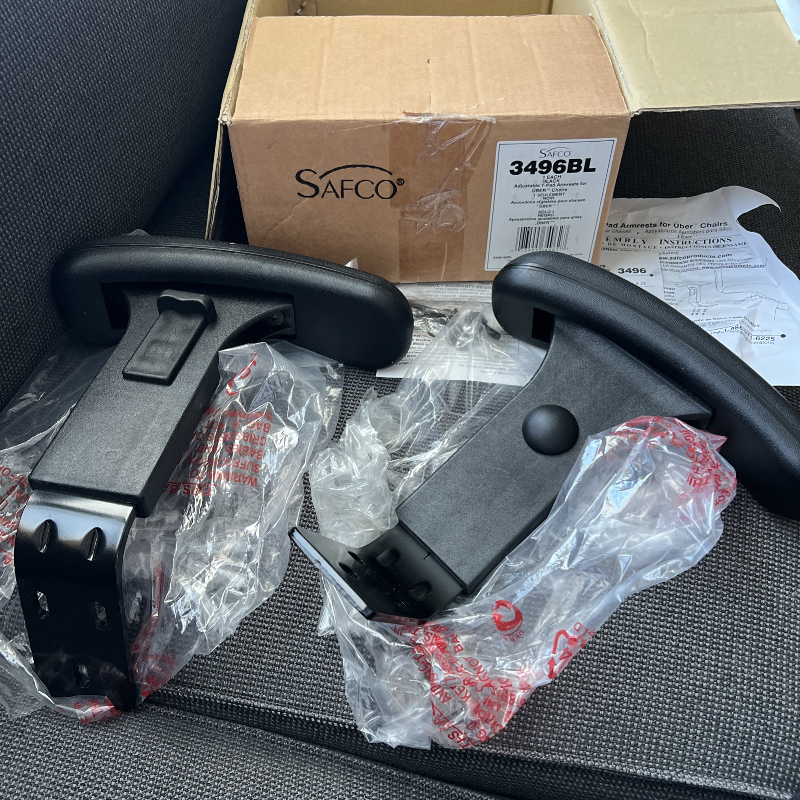 NEW! Safco 3496BL Adjustable Padded Arms For Safco Uber Big & Tall Desk Chair