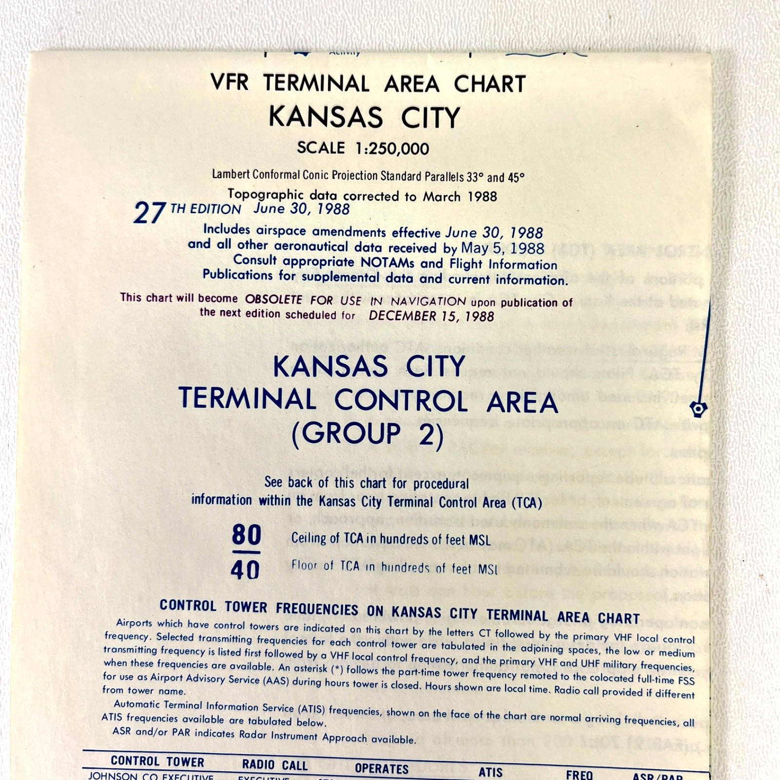 Kansas City VFR Terminal Area Chart 1988 Map Vintage Aviation TAC FAA NOAA