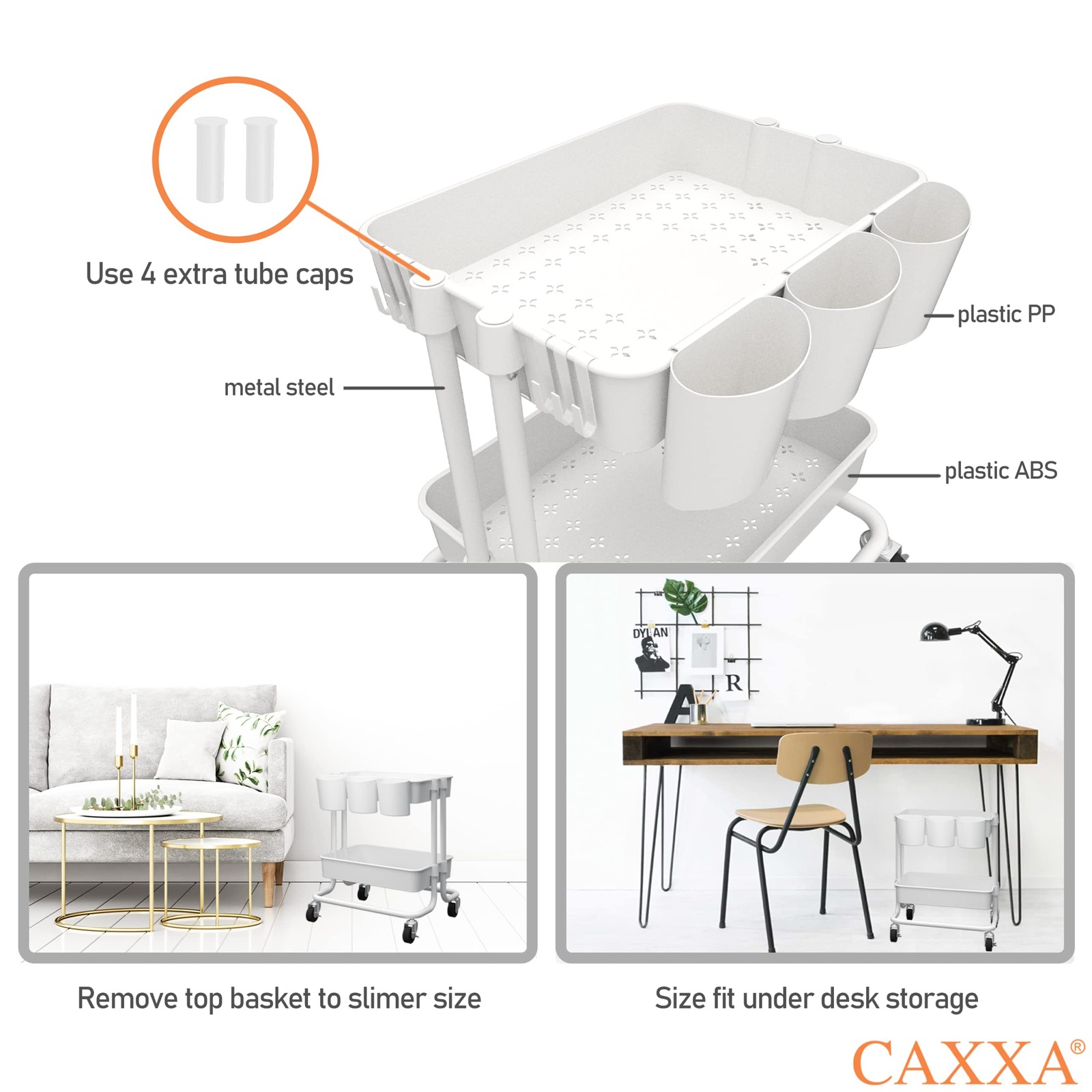 3 Tier Rolling Storage Organizer Mobile Utility Cart with Baskets Wheels White