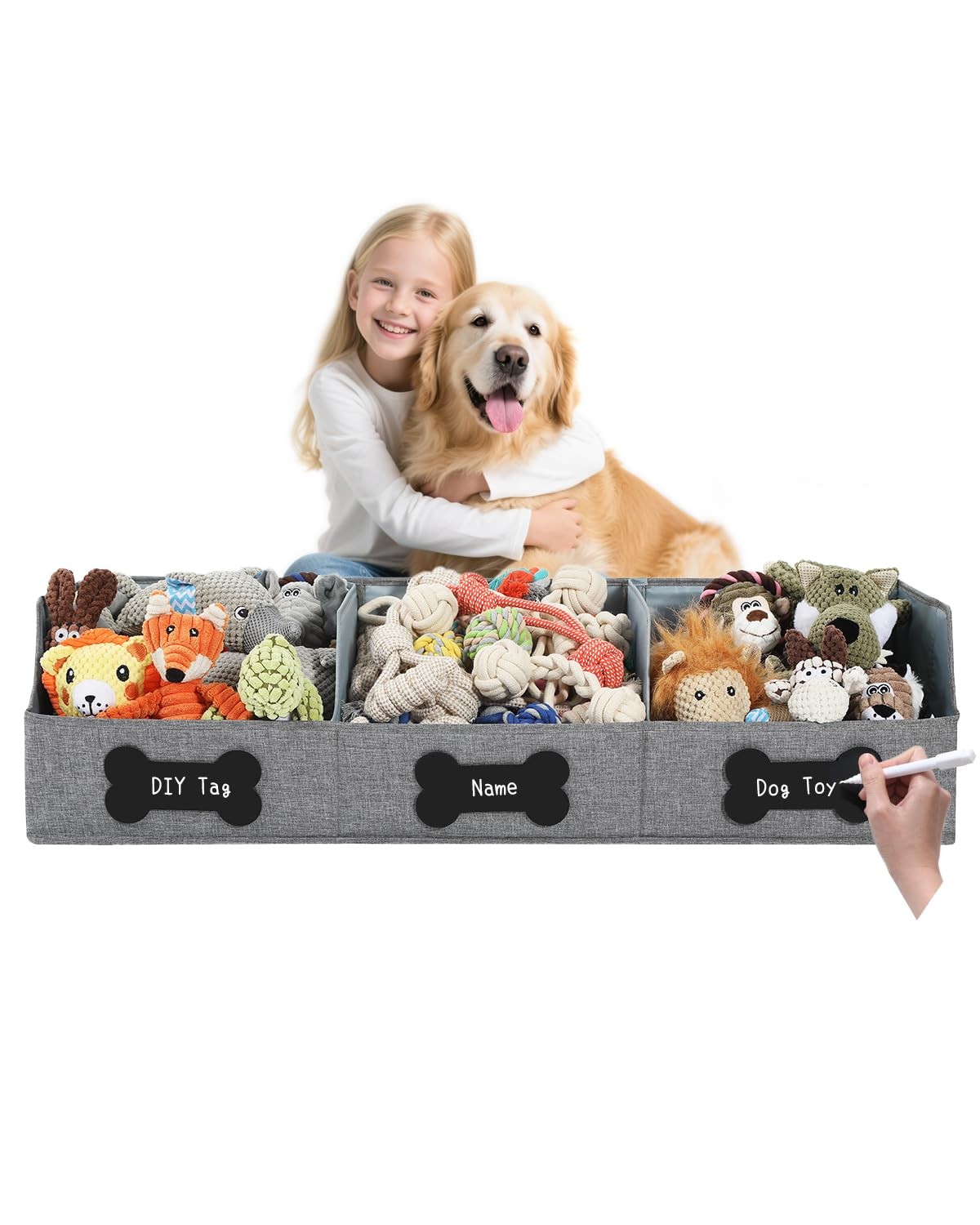 Large Dog Toy Basket with Diy Tag - Collapsible Dog Toy Bin, Fabric Personali...