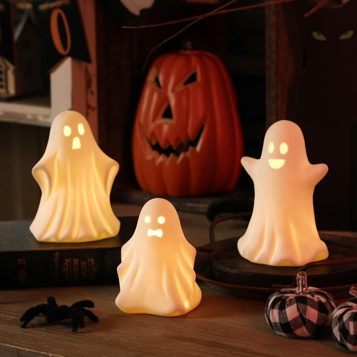 Halloween Ghost Decorations - 3 Pcs Gothic Ceramic Ghost Light Up Decor, Whit...