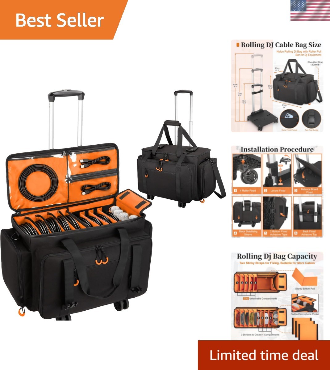 Rolling Dj Cable Bag with Laptop and Microphone Pocket, Dj Bag for Equipment ...