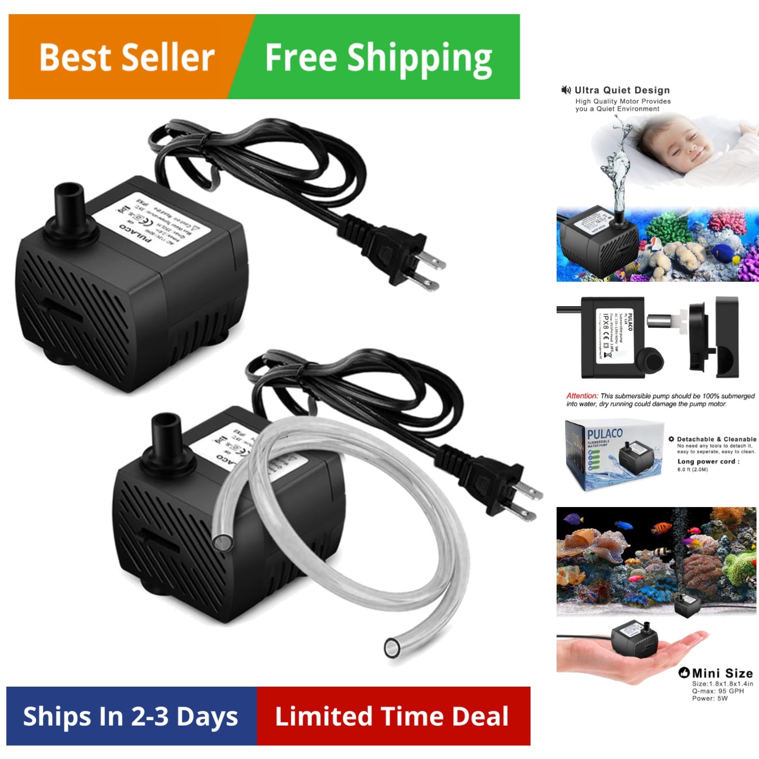 2Pcs Mini Submersible Water Pump 95GPH 5W for Aquarium Fish Tank, Pond, Fount...