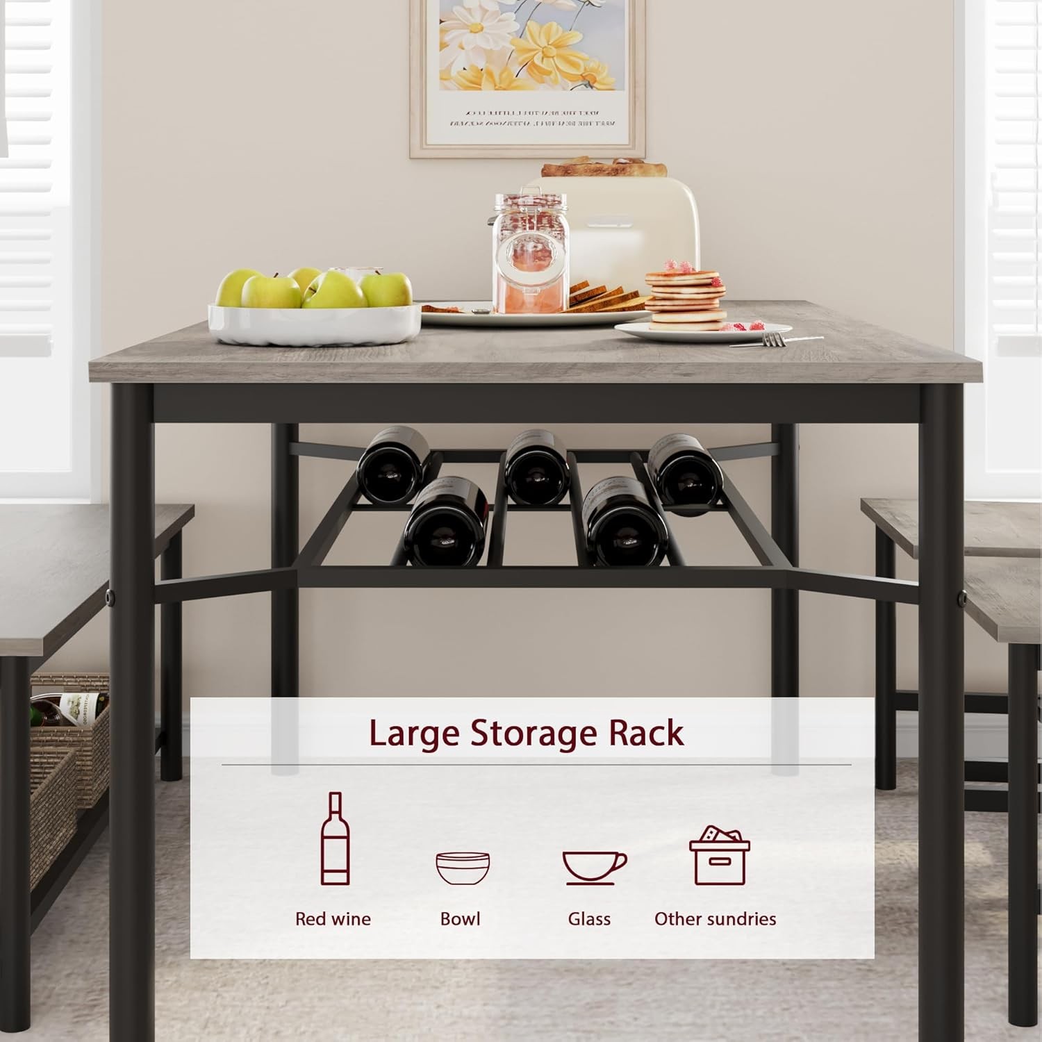 Dining Table Bench & 2 Chairs Set for 4,Rectangular Kitchen Table with Wine Rack