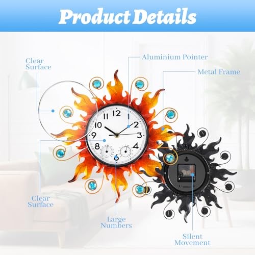 Sun Outdoor Clock with Thermometer and Hygrometer Combo，13'' Wall-Mounted