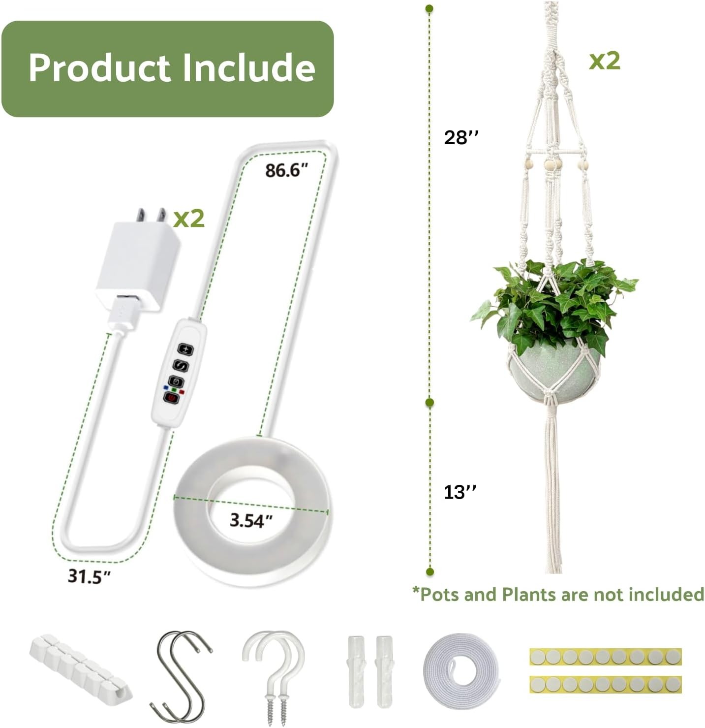 Macrame Plant Hanger with Grow Light: 2 Pack Sturdy Medium, Natural Ivory