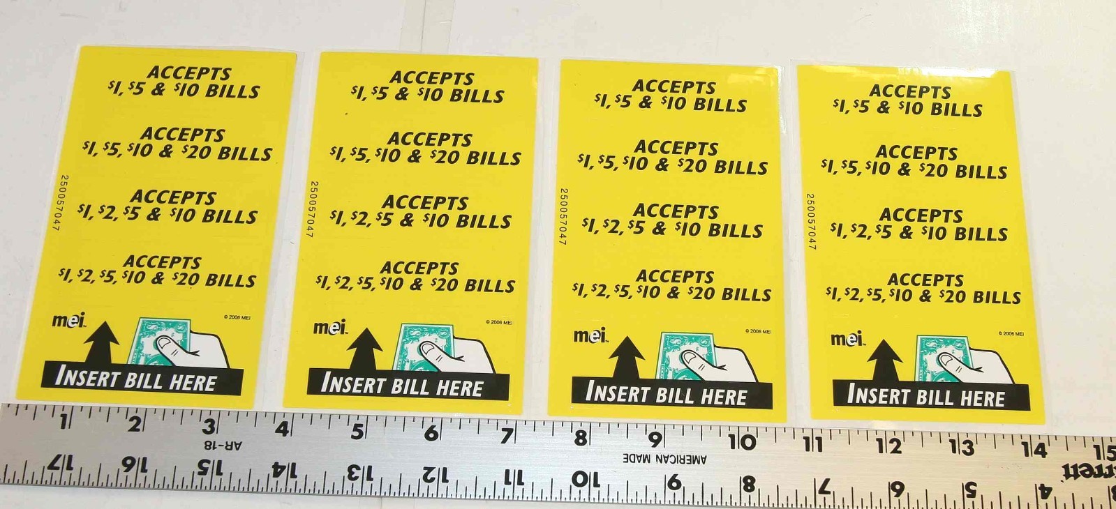 MEI Mars yellow decal label set for bill acceptor validators $1. - $20., qty. 4