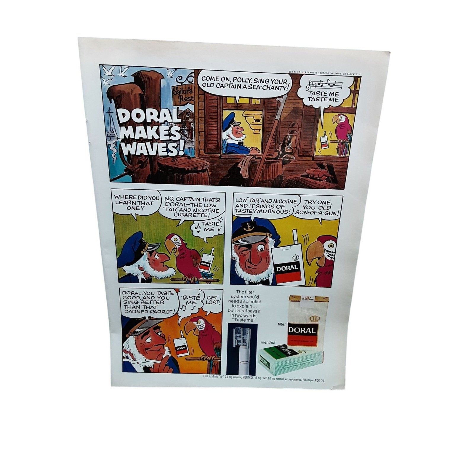 1971 Doral Cigarettes Makes Waves Captain Parrot Comic Original Print Ad Vintage