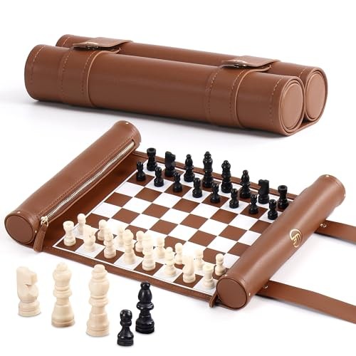 Roll Up Chess Set - Foldable Leather Chess Mat with Chess Pieces - Brown
