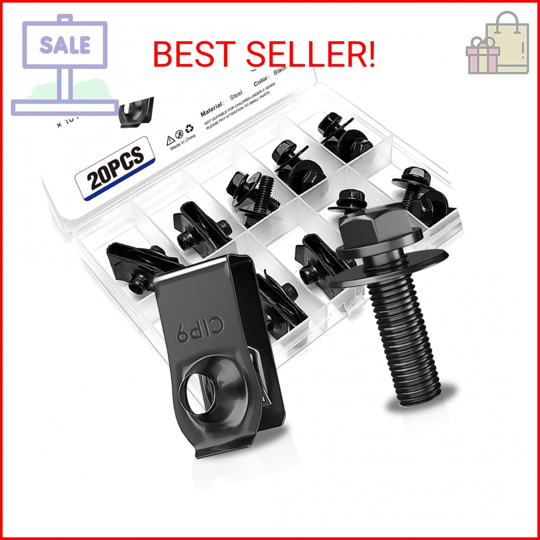 20 Pack M6-1.0 Body Bolts and Extruded U-Nuts, Black Steel Car Clips Fasteners w