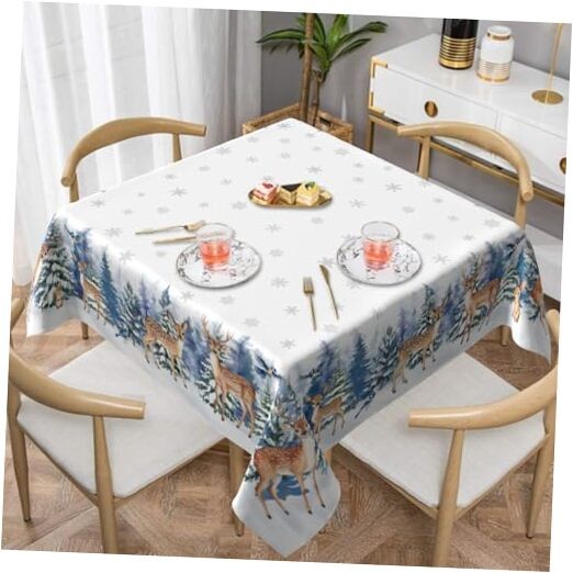 Winter White Square Tablecloth 54×54 54" x 54" (Square) Reindeer Blue Trees