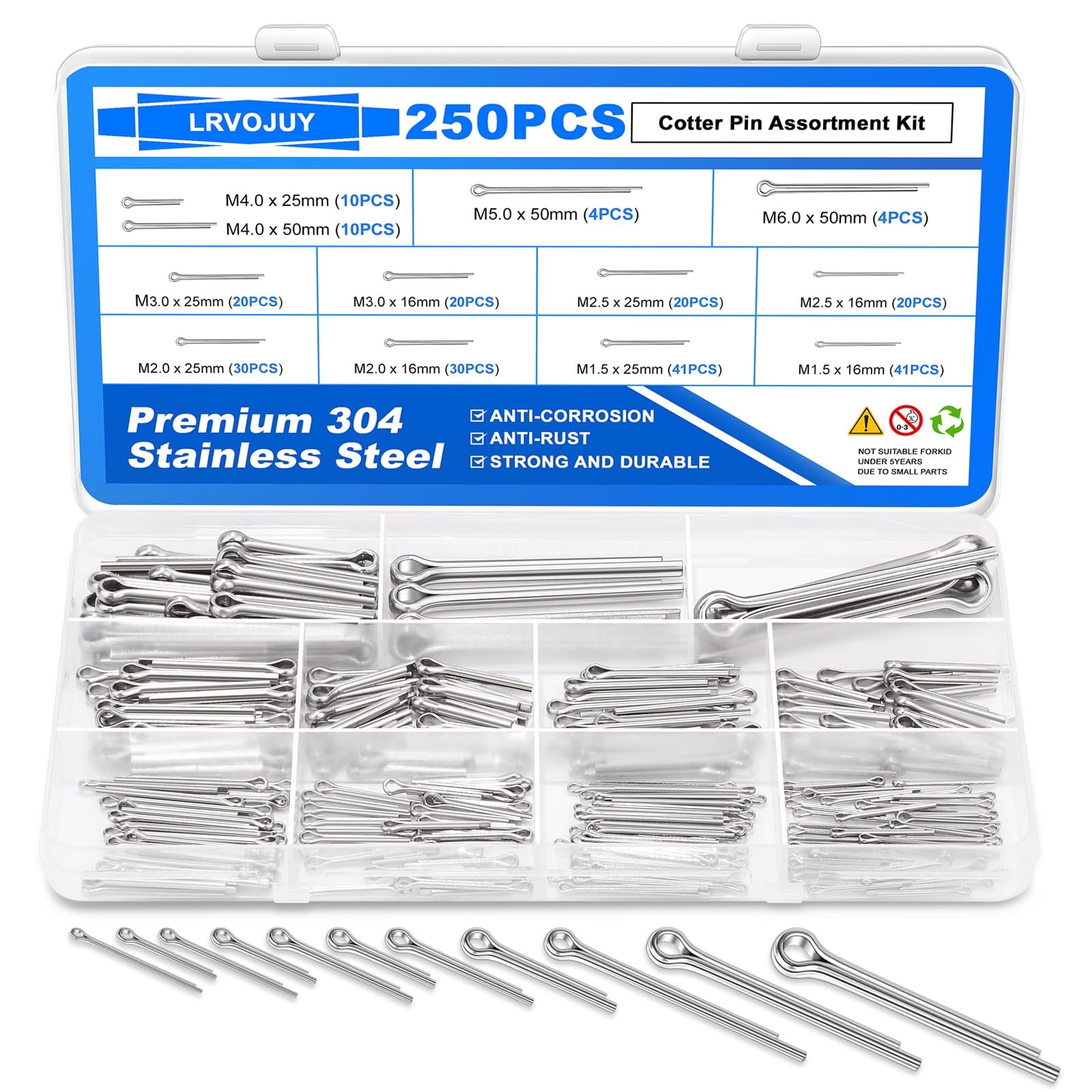 250PCS Cotter Pin Assortment Kit, 12 COTTER PINS (12 SIZE), Silver
